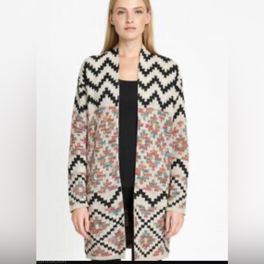 Dreamers Black and Cream Multicolor Chevron Cardigan with Floral Accents Size S